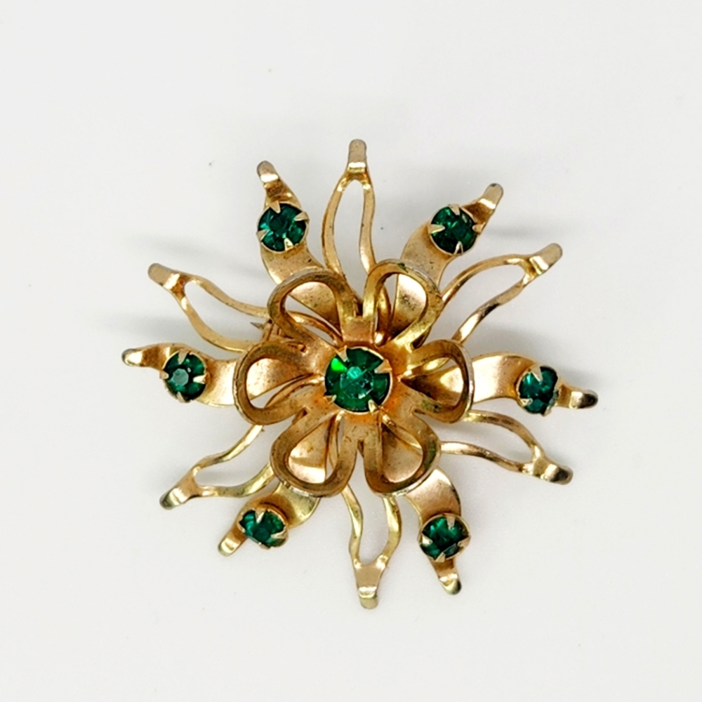 Vintage Starburst Sputnik Atomic Brooch Gold Tone Green Rhinestones Rivet Brooch